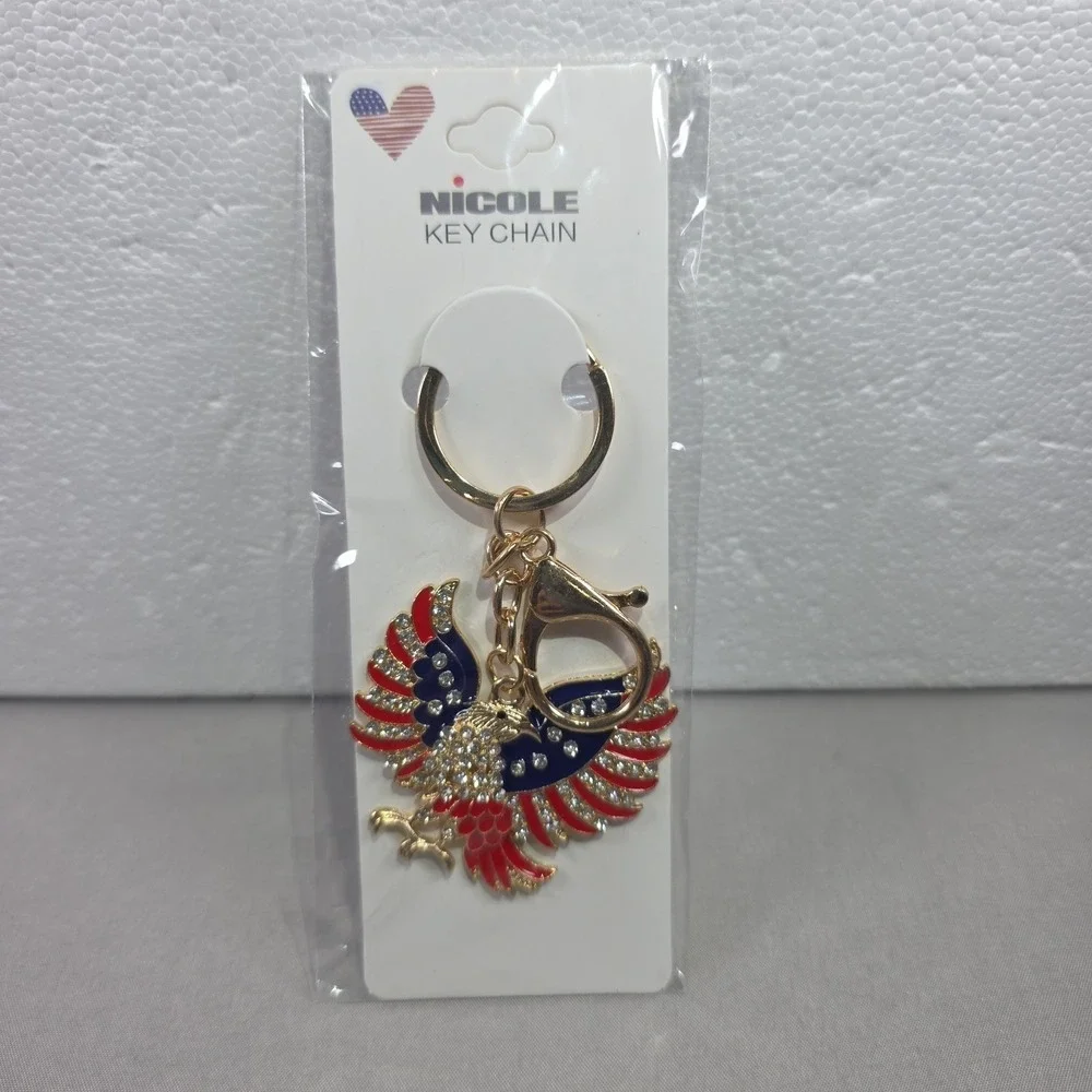 Patriotic USA Eagle Keychain‎ Flag Charm Bling 4th of July Gift Gold